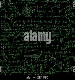 Hand schreiben Physik Formel auf nahtlose Tafel Vektor Illustration. Grünes Leuchten eingeschrieben mit wissenschaftlichen Formeln und Berechnungen in der Physik und Stock Vektor