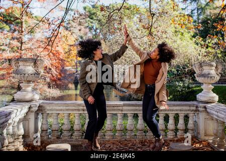 Unbeschwerte Freunde geben High-Five beim Springen im Park Stockfoto