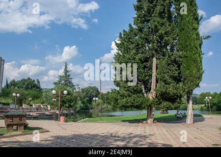Öffentlicher Park, schöne Natur, Freizeitkonzept, Vogelhaus auf dem Boden, ruhiger See Stockfoto