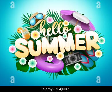 Hello Sommer Vektor Konzept Design. Hallo Sommer Text in Palmblättern mit Elementen wie Blumen, Kamera, Sonnenschirm und blauem Meereshintergrund. Stock Vektor