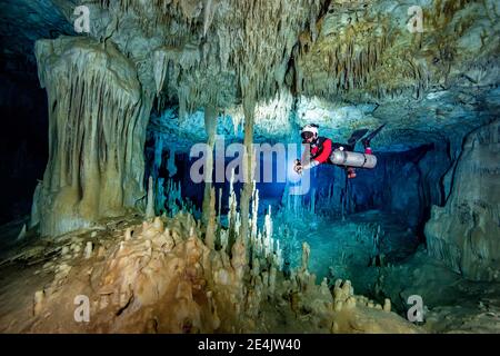 Männlicher Taucher, der im Meer schwimmt, Cenote Uku Cusam, Quintana Roo, Mexiko Stockfoto