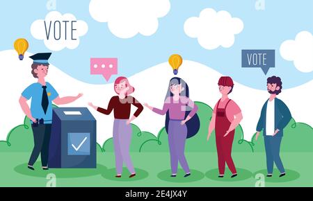 Die Leute stehen in einer langen Schlange, um ihre Stimme abzugeben Die Darstellung des Wahlvektors Stock Vektor