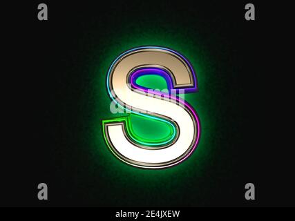 Graues Metall mit bunter dichroischer Glasumrandung und grüner Hintergrundbeleuchtung Schrift - Buchstabe S isoliert auf dunkel, 3D-Darstellung von Symbolen Stockfoto