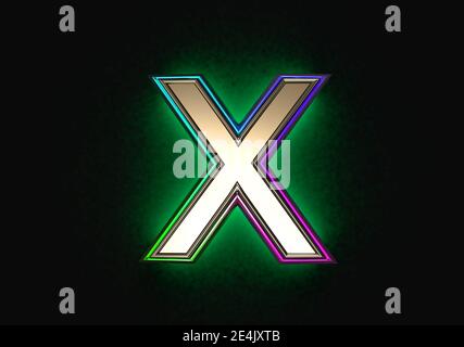Graues Metall mit bunter dichroischer Glasumrandung und grünem Backlight Alphabet - Buchstabe X isoliert auf dunkler, 3D-Darstellung von Symbolen Stockfoto