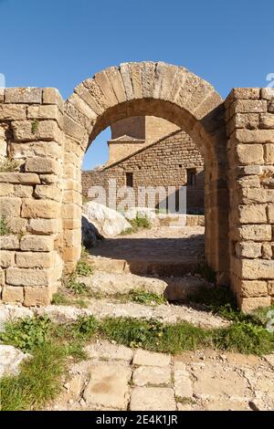 Bogen in der mittelalterlichen Burg von Loarre, aragonesische Burg aus dem 11. Und 12. Jahrhundert, romanischen Baustil, Provinz Huesca, Aragon, Spanien Stockfoto