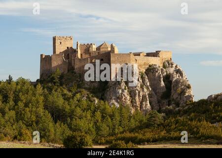 Nahaufnahme der mittelalterlichen Burg von Loarre, der aragonesischen Burg aus dem 11. Und 12. Jahrhundert, romanischer Baustil, Huesca provi Stockfoto