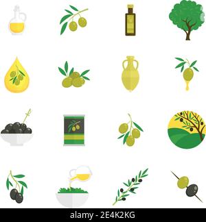 Oliven flache Symbole mit Baum Öl Zweig Blatt isoliert gesetzt vektorgrafik Stock Vektor