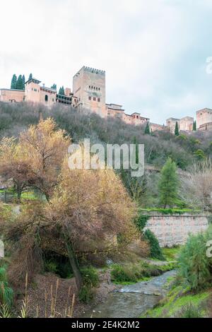 Blick auf die Alhambra in Granada (Spanien) vom Paseo de los Tristes an einem kalten Wintermorgen Stockfoto