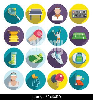 Tennis Sport Spiel flache Symbole mit Ballfeld Schuhe gesetzt Spieler isolierte Vektor-Illustration Stock Vektor