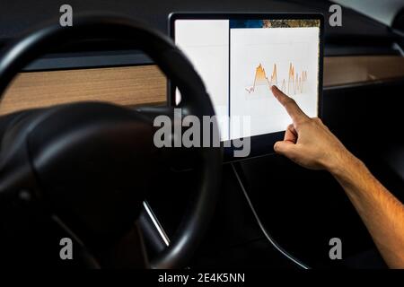 Männlicher Techniker untersucht Graph auf digitalem Tablet während der Programmierung in Auto Stockfoto