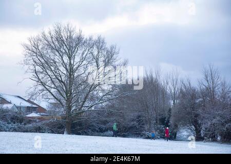 Cardiff, Wales, Großbritannien. Januar 2020. Eine Familie spielt in einem Park in Cardiff, nachdem ein Großteil des Vereinigten Königreichs Schnee fällt. Kredit: Mark Hawkins/Alamy Live Nachrichten Stockfoto