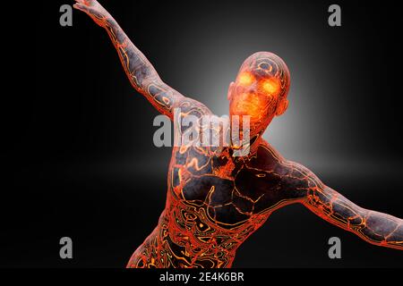 3D Illustration des schwebendes männlichen Charakters mit ausgestreckten Armen Schwarzer Hintergrund Stockfoto