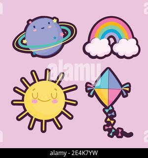 Set Icons Kite Regenbogen Sonne Planet Cartoon sitckers Vektor Illustration Stock Vektor