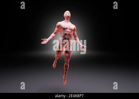 3D Darstellung des männlichen Charakters aus Beton und Brennende Energie schweben vor schwarzem Hintergrund Stockfoto