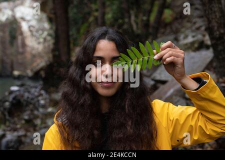 Nahaufnahme einer jungen Frau, die Blätter im Wald hält Stockfoto