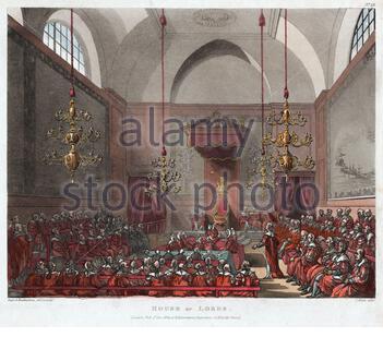 Interieur des House of Lords, London England, Vintage-Farbillustration von 1809 Stockfoto