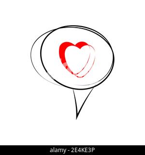 Sprechblasensymbol mit rotem Herzen. Handgezeichnete Doodle-Elemente. Weißer Hintergrund Stock Vektor