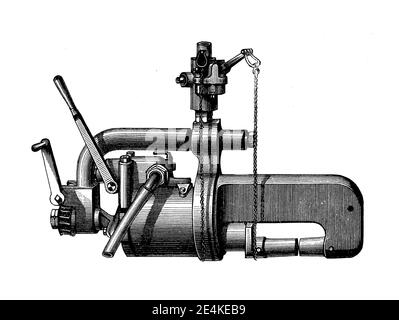 Der von Ralph Hart Tweddell erfundene tragbare Hydrauliknieter erleichterte den Bau von Kesseln, Brücken und Schiffen, Gravur aus dem 19. Jahrhundert Stockfoto