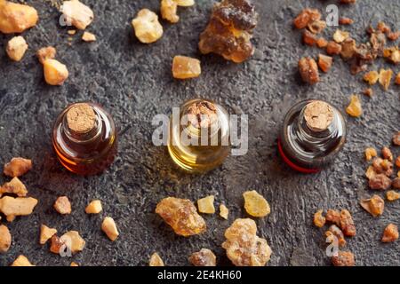 Styrax Benzoe, Weihrauch und Myrrhe ätherische Öle und Harz Stockfoto