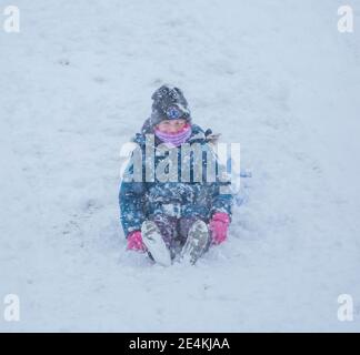 Kidderminster, Großbritannien. Januar 2021. Britisches Wetter: Der frühe Schneefall überrascht die Bewohner der Midlands mit starkem Schnee, der zwischen 8 und 10 Uhr eine Winterdecke auslöst. Amber ist Rodeln mit ihrem Bruder, Jackson, mit Mama am Fuße des Hügels warten, um sie zu fangen und Papa geduldig warten, um seine Umdrehung an der Spitze haben! Kredit: Lee Hudson/Alamy Live Nachrichten Stockfoto