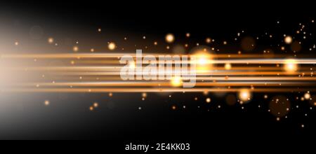 Laser oder horizontale Lichtstrahlen. Leuchtend gelbe Streifen und Lichtblitze auf dunklem Hintergrund. Leuchtende abstrakt funkelnden Hintergrund mit Yello Stockfoto