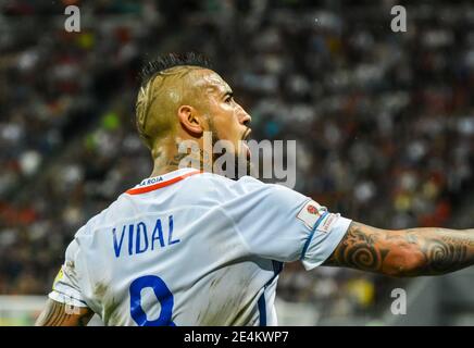 Kasan, Russland – 28. Juni 2017. Chilenische Fußballnationalmannschaft Mittelfeldspieler Arturo Vidal während des FIFA Confederations Cup 2017 Halbfinale Portugal gegen Chile. Stockfoto