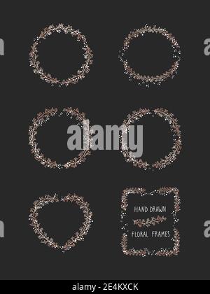 Vektor-Set von floralen handgezeichneten Rahmen auf schwarzem Hintergrund. Dekorative Kränze Kollektion. Goldene und weiße Elemente. Stock Vektor