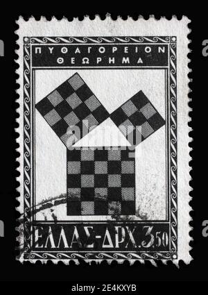 Briefmarke gedruckt in Griechenland zeigt Pythagoreischen Kongress - Pythagoreischen Theorem, um 1955 Stockfoto