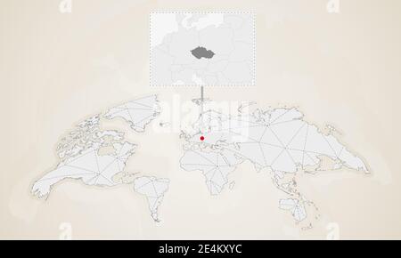 Karte der Tschechischen Republik mit Nachbarländern auf der Weltkarte. Abstrakte Dreiecke Weltkarte. Stock Vektor