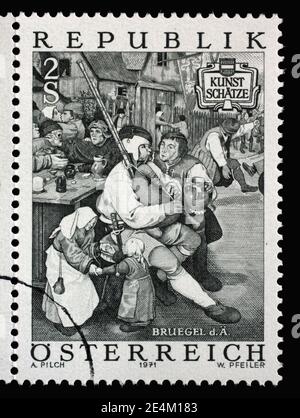 In Österreich ausgegebene Briefmarke zeigt Farmers Dance von Pieter Breugel dem Älteren (c. 1525-1569), ca. 1971. Stockfoto