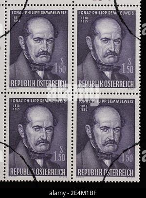 Die in Österreich ausgegebene Briefmarke zeigt Ignaz Philipp Semmelweis - ungarischer Arzt, heute bekannt als früher Pionier der antiseptischen Verfahren, um 1965 Stockfoto