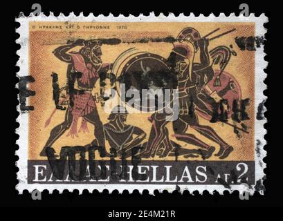 Die in Griechenland gedruckte Briefmarke zeigt Hercules Deeds - Hercules und Geryon, um 1970 Stockfoto