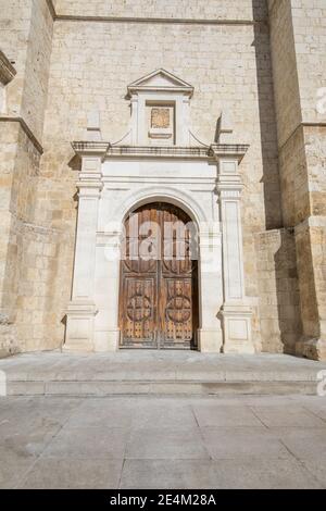 Seitentür von Wahrzeichen Kathedrale von San Antolin, gotisches Denkmal aus dem vierzehnten Jahrhundert, in Palencia Stadt, Kastilien Leon, Spanien, Europa Stockfoto