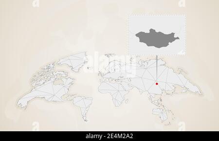 Karte der Mongolei mit Nachbarländern auf Weltkarte. Abstrakte Dreiecke Weltkarte. Stock Vektor