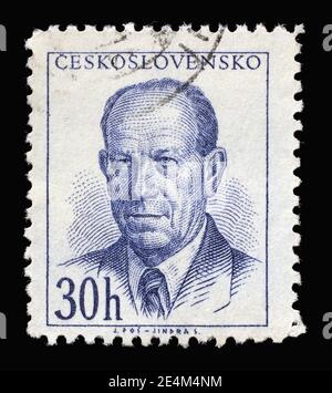 Die in der Tschechoslowakei gedruckte Briefmarke zeigt das Porträt des Präsidenten Antonin Zapotocky, um 1953 Stockfoto
