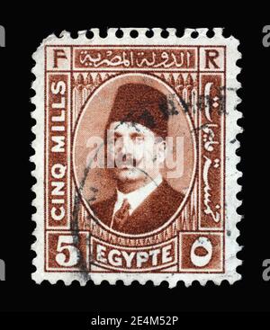 Die in Ägypten gedruckte Briefmarke zeigt König Farouk (1920-1965), um 1946 Stockfoto