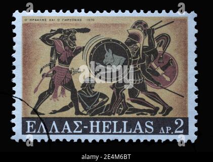 Die in Griechenland gedruckte Briefmarke zeigt Hercules Deeds - Hercules und Geryon, um 1970 Stockfoto