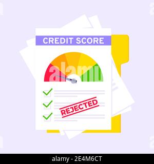 Abgelehnte Bonitätsanzeige Tachometer mit Farbwerten auf Papier und Datei. Messung von schlechter bis ausgezeichneter Bewertung für Kredit oder Stock Vektor