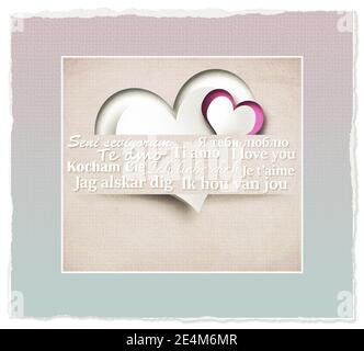 Ich liebe dich auf mehreren Sprachen, Herzen in Papierstreifen auf pastellrosa Hintergrund. Valentinstag, Geburtstagsdesign. 3D-Rendering Stockfoto