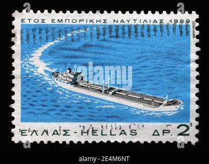 Stempel gedruckt in Griechenland zeigt Super Tanker, Griechenland und Sea Serie, um 1969 Stockfoto