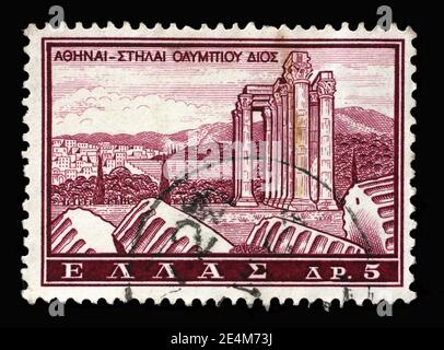 Die in Griechenland gedruckte Briefmarke zeigt den Zeustempel, Athen, um 1961 Stockfoto