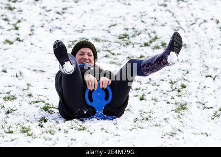 Chippenham, Wiltshire, Großbritannien. Januar 2021. Als Chippenham Bewohner zu ihrem ersten Schnee des Jahres aufwachen, wird eine Frau in einem lokalen Park in Chippenham abgebildet, während sie auf einem Schlitten einen Hügel hinuntergleitet. Quelle: Lynchpics/Alamy Live News Stockfoto