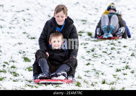 Chippenham, Wiltshire, Großbritannien. Januar 2021. Während Chippenham-Bewohner zu ihrem ersten Schnee des Jahres aufwachen, werden Kinder in einem lokalen Park in Chippenham fotografiert, während sie auf Schlitten einen Hügel hinuntergleiten. Quelle: Lynchpics/Alamy Live News Stockfoto