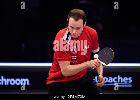 COVENTRY, GROSSBRITANNIEN. Januar 2021. Chris Doran (eng) gegen Benjamin Sorensen (DEN) während der 2021 World Ping Pong Masters in der Ricoh Arena am Sonntag, 24. Januar 2021 in COVENTRY, ENGLAND. Kredit: Taka G Wu/Alamy Live Nachrichten Stockfoto