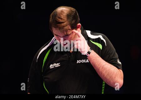 COVENTRY, GROSSBRITANNIEN. Januar 2021. Chris Doran (eng) gegen Benjamin Sorensen (DEN) während der 2021 World Ping Pong Masters in der Ricoh Arena am Sonntag, 24. Januar 2021 in COVENTRY, ENGLAND. Kredit: Taka G Wu/Alamy Live Nachrichten Stockfoto