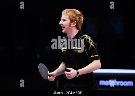 COVENTRY, GROSSBRITANNIEN. Januar 2021. Gavin Rumgay (SCO) gegen Genia Milchin (GER) während des World Ping Pong Masters 2021 in der Ricoh Arena am Sonntag, 24. Januar 2021 in COVENTRY, ENGLAND. Kredit: Taka G Wu/Alamy Live Nachrichten Stockfoto