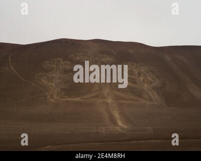 Nahaufnahme der prähistorischen Hügelfigur Dreizack-Geoglyphe El Candelabro Paracas Candelabra der mythologie der anden Symbol Zeichen auf Islas Ballestas Peru S Stockfoto