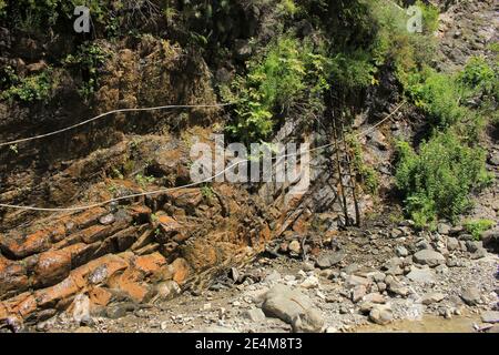 Eine Schwefelquelle, die aus einem Felsen im Wald hervortritt. Stockfoto