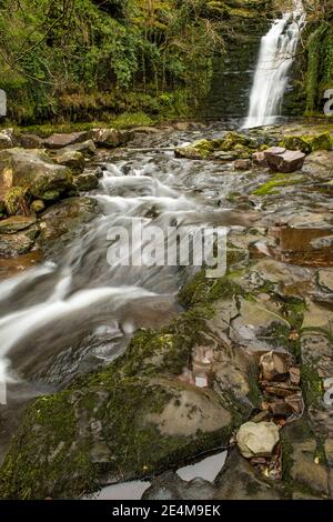 Der Blaen y Glyn Wasserfall am Fluss Caerfanell in der Central Brecon Beacons, in Südwales. Stockfoto