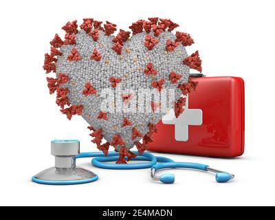 Coronavirus in Form eines Herzens neben einem Stethoskop und einem roten Koffer. 3D-Rendering. Stockfoto
